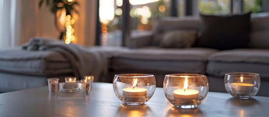 Wall Mural - Tea-lights placed in glass candle holders adorn the living room featuring a gray sofa.