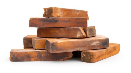 side view on pile of red bricks for construction and building on white background