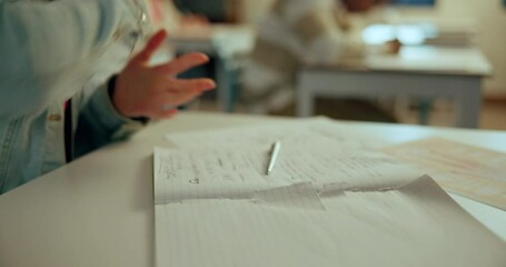 Poster - Classroom, frustrated and student tearing book on desk with exam stress, studying and notes. Education, mistake and angry teenager person with crumpled paper, burnout and mental health at high school