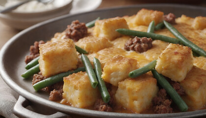 Wall Mural - tater tot casserole with green beans, cheese and ground beef.