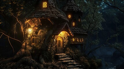 Poster - Enchanted Treehouse in a Dark Forest