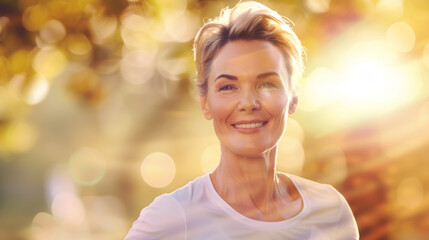 Wall Mural - A woman with a white shirt and blonde hair is smiling, outdoor jogging