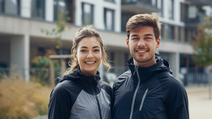 A man and a woman are smiling for the camera, couple jogging