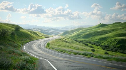 Wall Mural - A picturesque winding road extends far into the distance surrounded by verdant landscapes and soft undulating hills with a clear sky overhead  generated with AI