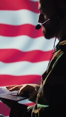 Poster - Vertical video American NATO air defense operator uses radar detecting missile attacks, conducting space surveillance and satellite tracking. United States agent uses military software preventing