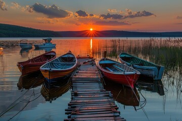 Wall Mural - A row of boats are docked at a pier, with the sun setting in the background. The scene is peaceful and serene, with the boats reflecting the warm colors of the sunset
