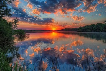 Wall Mural - A beautiful sunset over a lake with a reflection of the sun on the water. The sky is filled with clouds, creating a serene and peaceful atmosphere