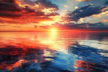 Wall Mural - A beautiful sunset over the ocean with a reflection of the sun in the water. The sky is filled with clouds, creating a serene and peaceful atmosphere