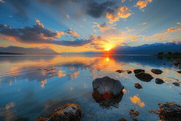 Wall Mural - A beautiful sunset over a lake with a rock in the water. The sky is orange and pink, and the water is calm