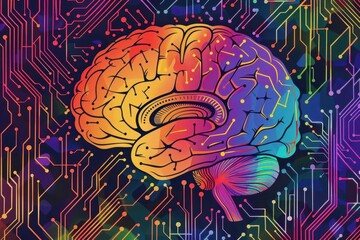 Wall Mural - colorful human brain with circuit board pattern artificial intelligence and machine learning concept digital illustration