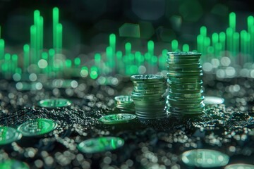 conceptual image of coins stacked on the ground with a vibrant green digital graph representing investment ideas and sustainable business growth 3d render