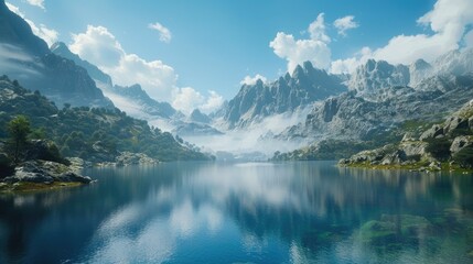 Wall Mural - A beautiful mountain lake with a clear blue sky above it. The mountains are in the background and the water is calm