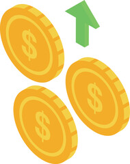 Poster - Gold coins increasing their value with green up arrow, isometric vector illustration