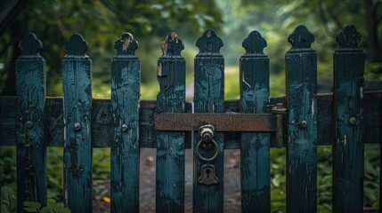 Wall Mural - A wooden fence with a lock on the gate. The fence is surrounded by trees and bushes