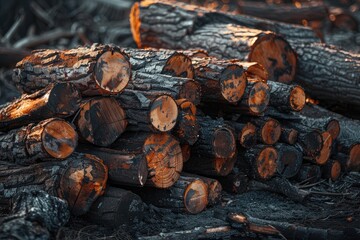 Wall Mural - A pile of wood logs with some of them burnt. The logs are stacked on top of each other, creating a rustic and natural atmosphere. The burnt wood adds a sense of warmth and coziness to the scene