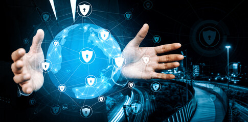 Poster - Cyber Security and Digital Data Protection Concept. Icon interface showing secure firewall technology for online data access defense against hacker, virus and insecure information for privacy. uds