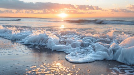 Wall Mural - The ocean is calm and the sun is setting, creating a beautiful and serene atmosphere. The waves are gently lapping at the shore, and the sky is a mix of orange and pink hues. The scene is peaceful