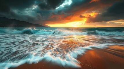 Wall Mural - A beautiful sunset over the ocean with a wave crashing in the background. The sky is filled with clouds and the sun is setting