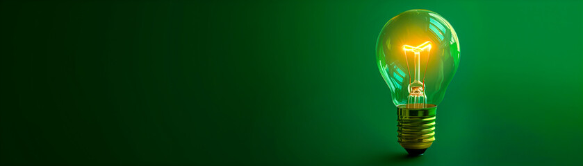 Illuminated Lightbulb on Green Background