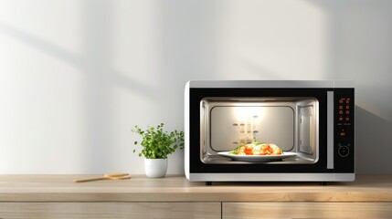 A microwave oven is shown with food inside illuminated by the interior light