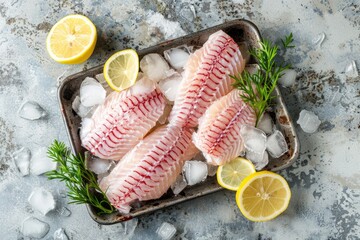 Wall Mural - A tray of fish fillets with lemon slices and herbs on top