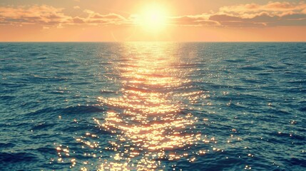 Wall Mural - The sun is setting over the ocean, casting a warm glow on the water. The sky is filled with clouds, creating a serene and peaceful atmosphere. The water is calm and still