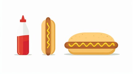 A simple cartoon illustration of a hot dog with mustard, a bun, and a bottle of ketchup, white background