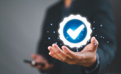 Poster - Hand shows the sign of the top service Quality assurance, Guarantee, Standards, ISO certification and standardization concept.