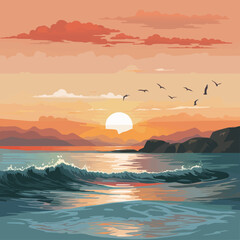 Wall Mural - A painting of a sunset over the ocean with birds flying in the sky. Vector icon