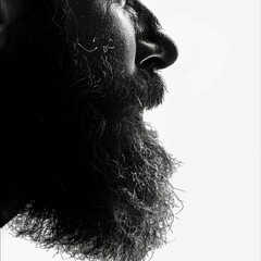 Wall Mural - A rugged jawline is framed by a thick unkempt beard the bristles creating a jagged silhouette against the stark white background. Black and white art
