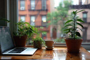 Wall Mural - View from a plant-cluttered desk out a window into a rainy city	and a laptop computer