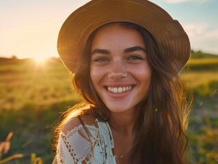 A smiling woman wearing a hat in a sunny field, great for lifestyle or travel imagery