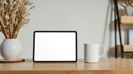 Poster - A tablet sits on a table next to a white mug