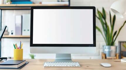 Poster - A computer monitor sits on a desk with a yellow pencil holder and a potted plant
