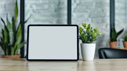 Poster - A tablet sits on a table next to a plant