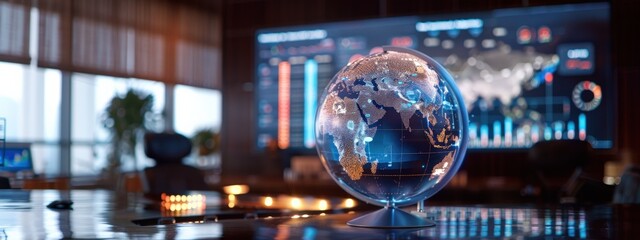Aufkleber - A globe sits on a table in front of a large monitor. The room is filled with technology and has a modern, professional feel