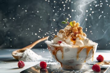 Wall Mural - Delicious Bingsu with whipped cream, caramel, and fresh raspberries
