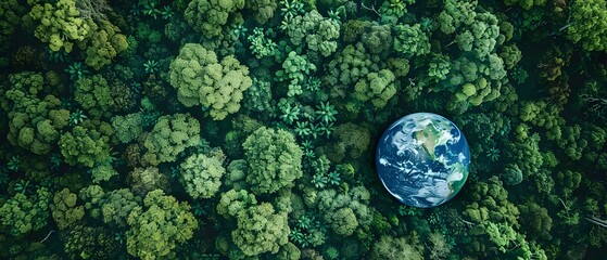 Aerial top view of green forest tree and global globe, Tropical rain forest tree ecosystem and healthy environment, Texture and background of green tree forest