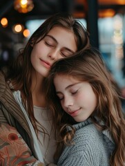 two friends embracing in a cozy cafe setting