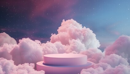 Wall Mural - 3D Pink Podium on Cloudy Night Sky Background