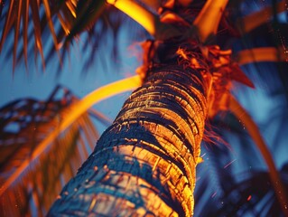 A palm tree illuminated at night with lights or glow