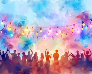 A group of people are dancing and celebrating under a colorful sky, having a barbecue, bbq, illustrations, summer activities.	
