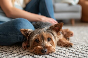 Wall Mural - Yorkshire Terrier lying on the floor next to owner.