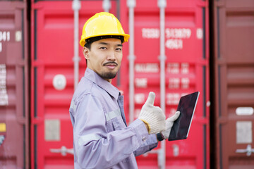 Asian male container yard worker is working.