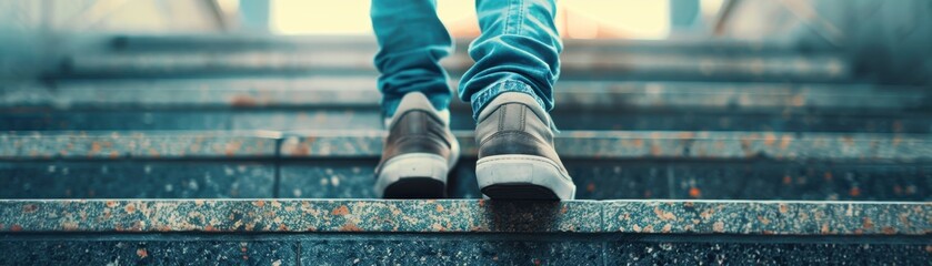 Close-up of person's feet in jeans and casual shoes climbing outdoor stairs, representing progress and journey.