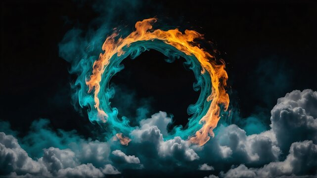 circular vortex teal flame on clouds in plain black background