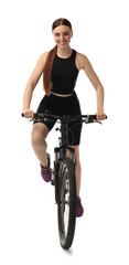 Poster - Smiling woman riding bicycle on white background