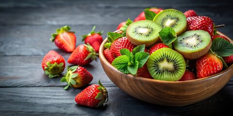 Wall Mural - Vibrant display of ripe kiwi and strawberries in a bowl , fresh, colorful, appetizing, healthy, vibrant, natural, fruity, snack