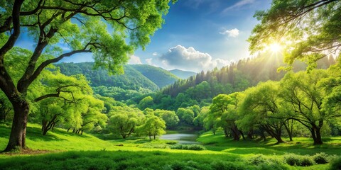 Wall Mural - Tranquil scene of lush green trees in a serene natural landscape, verdant, foliage, trees, green, landscape, serene