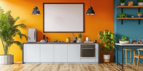 The photo shows a modern kitchen with orange and blue walls